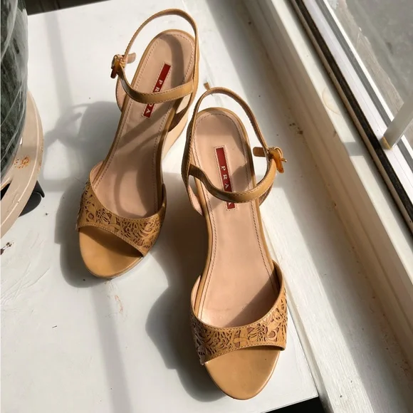 Prada Nude Patent Wedge Heel Sandals - Picture 7 of 8